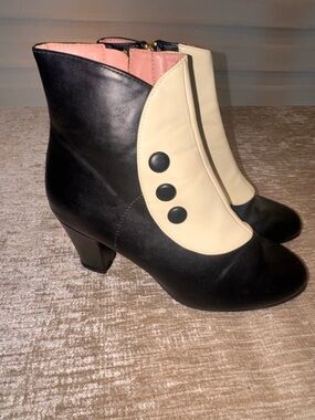 Two-Tone Black & Cream Heeled Ankle Boots